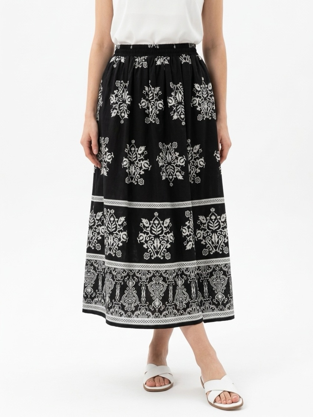 CeCe Black Maxi Skirt with White Embroidered Motifs